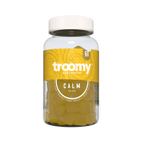 Troomy Nootropics' Calm Gummies alleviate anxiety and stress with a pineapple-peach flavor. The unique blend includes Reishi mushrooms for calming effects, wellness support, and immune system strengthening.